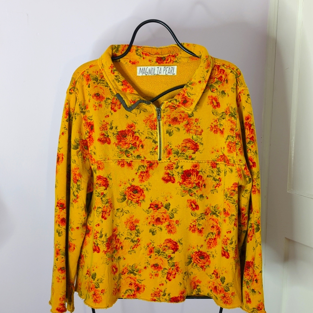 Magnolia Pearl Floral Asher Pullover Mustard Yellow 1/4 zip front